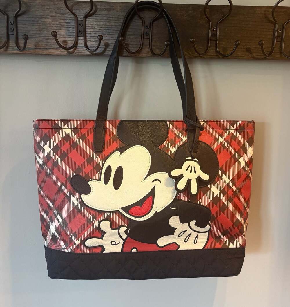 Disney Loungefly Mickey Mouse Tartan Plaid Tote Bag Red and Black WDTB1751
